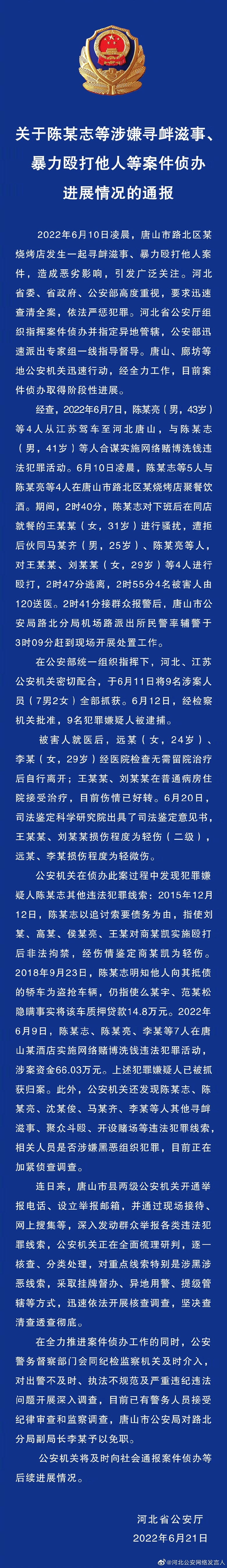 關(guān)于陳某志等涉嫌尋釁滋事、暴力毆打他人等案件偵辦進展情況的通報