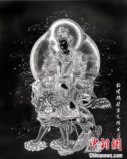 圖為朱增平創(chuàng)作的鍥金畫《敦煌榆林窟文殊菩薩》。(資料圖) 受訪者供圖