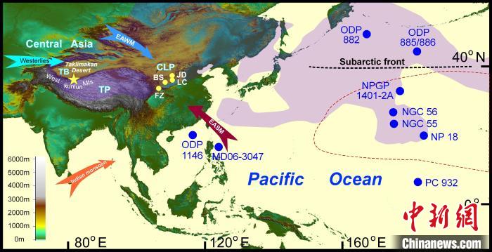 塔里木沙塵傳輸至北太平洋的路徑(陰影區(qū))及西昆侖山黃土巖芯位置(五角星)?！≈锌圃呵嗖馗咴?供圖