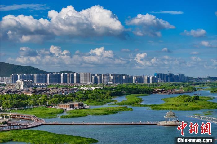 資料圖：航拍蘇州太湖湖濱國家濕地公園，藍(lán)天碧水生態(tài)美。 泱波 攝