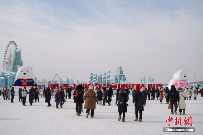 1月4日，第25屆哈爾濱冰雪大世界內(nèi)的冰雕吸引游客觀看。白天的冰雪大世界，游客仿佛置身現(xiàn)實(shí)版“冰雪奇緣”。<a target='_blank' href='/'><p  align=