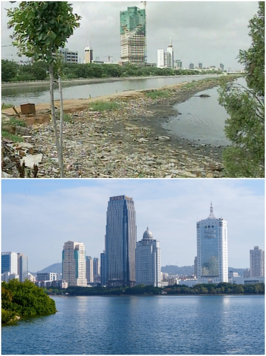 上圖：筼筜湖治理前資料圖。下圖：筼筜湖如今的美麗風光。人民網記者 吳超嵐攝