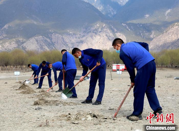 林芝市巴宜區(qū)森林消防中隊志愿服務(wù)隊正在揮鍬鏟土?！∥骼@拉翁 攝