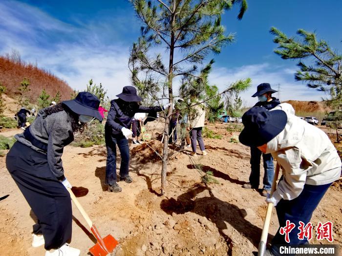 圖為西寧市城東區(qū)干部職工參加義務植樹?！?zhí)砀?攝