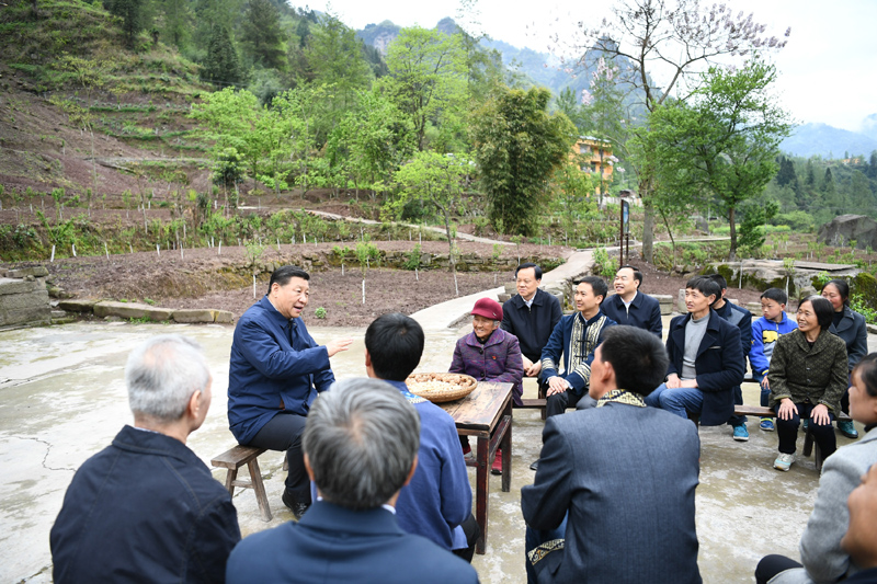 2019年4月15日至17日，中共中央總書記、國家主席、中央軍委主席習(xí)近平在重慶考察，并主持召開解決“兩不愁三保障”突出問題座談會。這是4月15日下午，習(xí)近平在石柱土家族自治縣中益鄉(xiāng)華溪村同村民代表、基層干部、扶貧干部、鄉(xiāng)村醫(yī)生等圍坐在一起，共話脫貧攻堅。新華社記者 謝環(huán)馳 攝