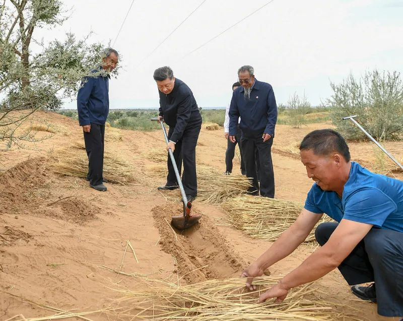 2019年8月21日，習(xí)近平來(lái)到甘肅省武威市古浪縣八步沙林場(chǎng)，實(shí)地察看當(dāng)?shù)刂紊吃炝?、生態(tài)保護(hù)等情況。新華社記者 謝環(huán)馳 攝