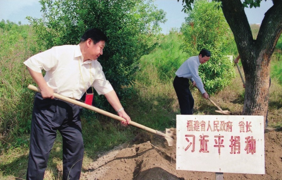 2001年10月，習(xí)近平在龍巖市長汀縣調(diào)研水土流失治理工作，在河田世紀(jì)生態(tài)園為樹培土。圖源：《習(xí)近平在福建（下）》