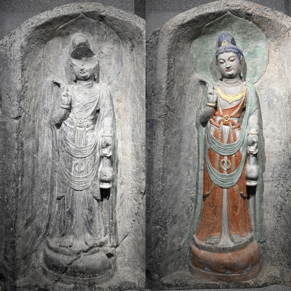 左圖為龍門石窟萬佛洞窟前南壁菩薩造像的3D打印模型；右圖為利用數(shù)字化技術(shù)復(fù)原后的3D打印模型（2025年4月10日攝，拼版照片）。復(fù)原后的像龕精妙絕倫，栩栩如生，被游客譽為“龍門最美菩薩”。圖片來源新華社