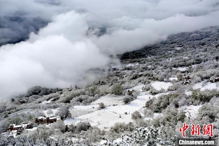 雪后的丹巴半山云霧繚繞?！±钣腊?攝